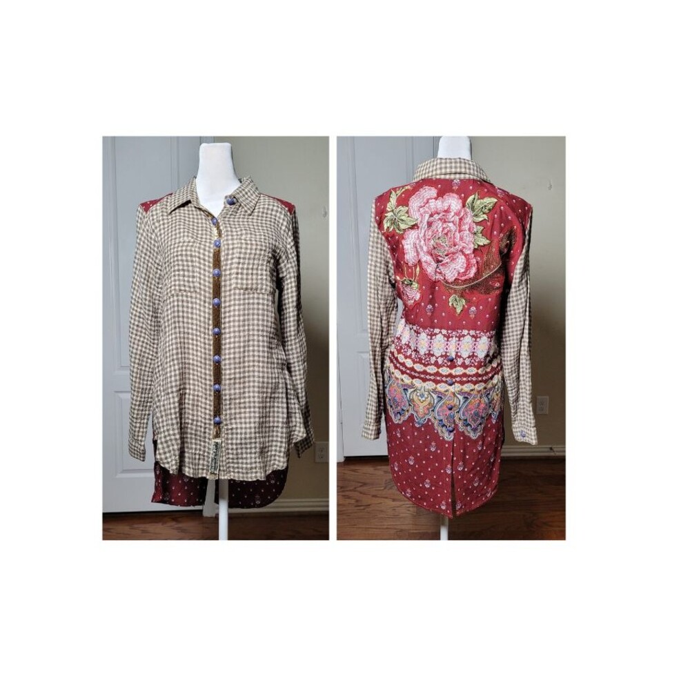 Aratta Tunic Top Red Brown S Velvet Boho Artsy Beaded Embroidered Mixed Media